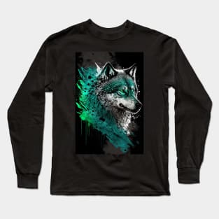 Cool Wolf portrait with green glow Long Sleeve T-Shirt